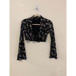 Vintage B.REAL black floral collared y2k bow long bell sleeve cropped top size M